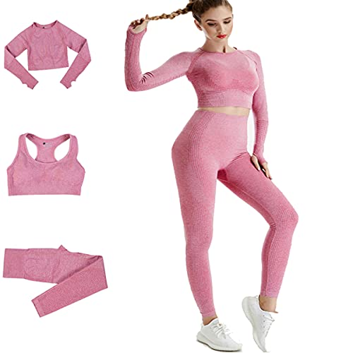 Conjunto Yoga 3 Piezas Ropa Fitness, Pantalones De Yoga Súper Elásticos Sin Costuras+Bralette para Mujer+Camiseta Deportiva De Manga Larga (Rosa M)